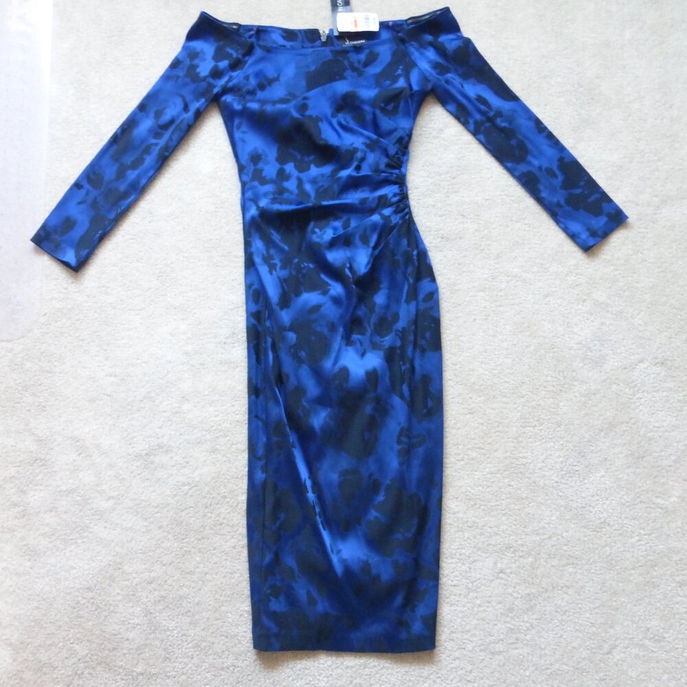 NWT LE CHATEAU cobalt blue and black abstract print off shoulder midi drโฆ
